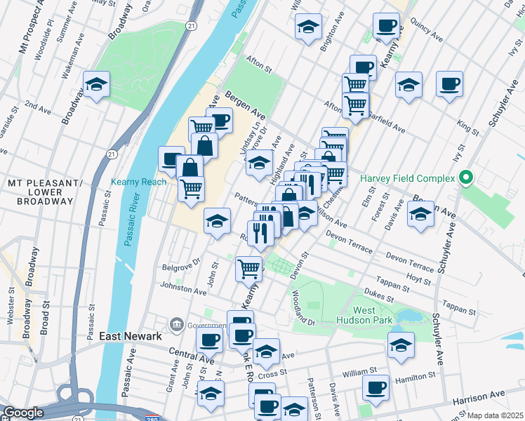 map of restaurants, bars, coffee shops, grocery stores, and more near 112 Maple Street in Kearny