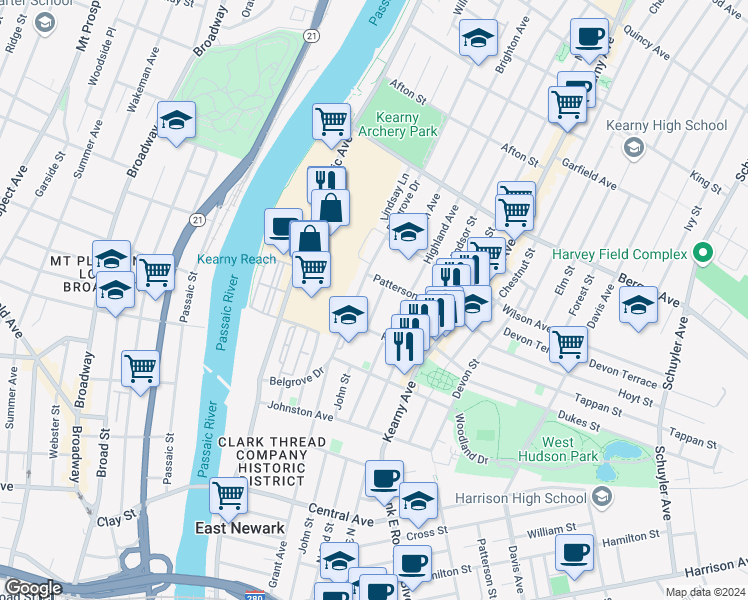 map of restaurants, bars, coffee shops, grocery stores, and more near 12 Rose Street in Kearny