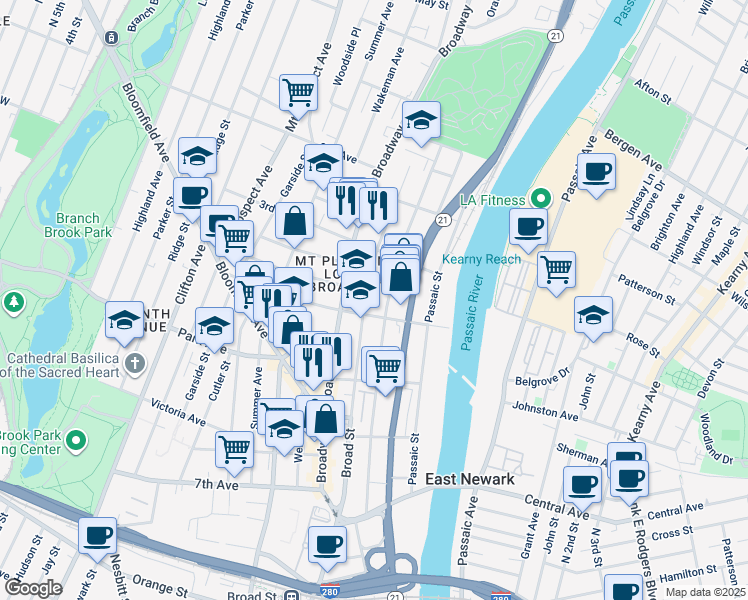 map of restaurants, bars, coffee shops, grocery stores, and more near 169 Broad Street in Newark