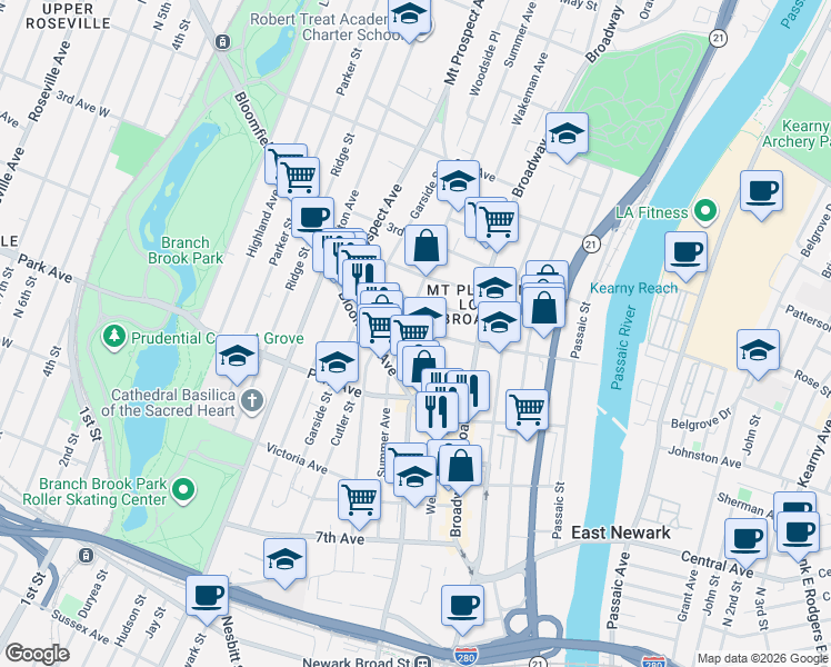 map of restaurants, bars, coffee shops, grocery stores, and more near 27 Crittenden Street in Newark