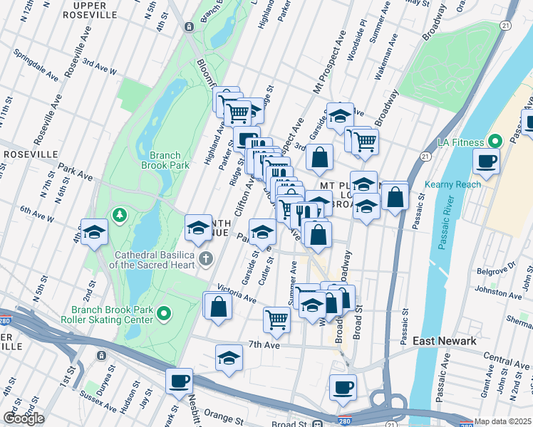 map of restaurants, bars, coffee shops, grocery stores, and more near 151 Garside Street in Newark