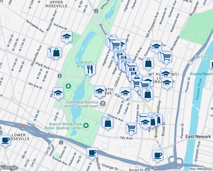 map of restaurants, bars, coffee shops, grocery stores, and more near 105 Park Avenue in Newark