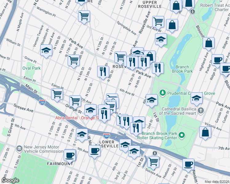 map of restaurants, bars, coffee shops, grocery stores, and more near 169 Roseville Avenue in Newark