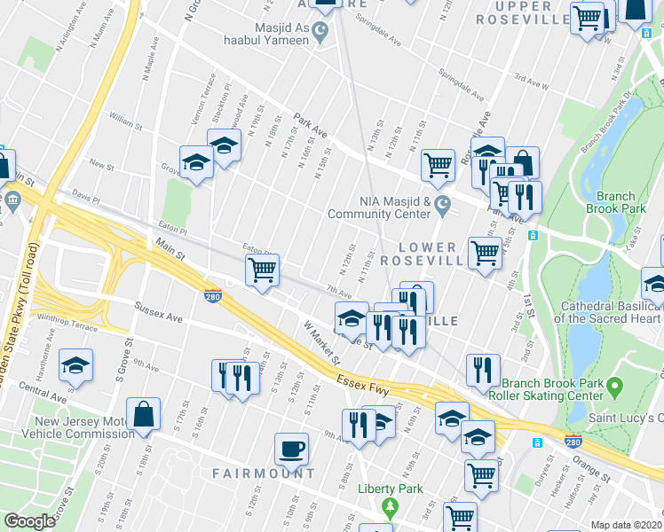 map of restaurants, bars, coffee shops, grocery stores, and more near 5b North 12th Street in Newark