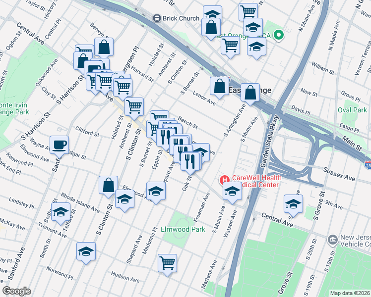map of restaurants, bars, coffee shops, grocery stores, and more near 376 Central Avenue in East Orange