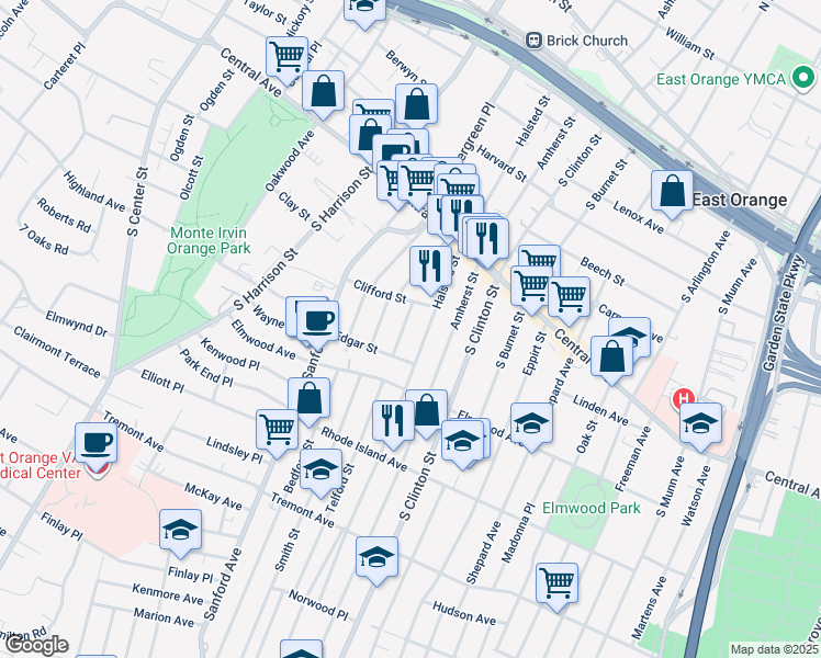 map of restaurants, bars, coffee shops, grocery stores, and more near 47 Irving Street in East Orange