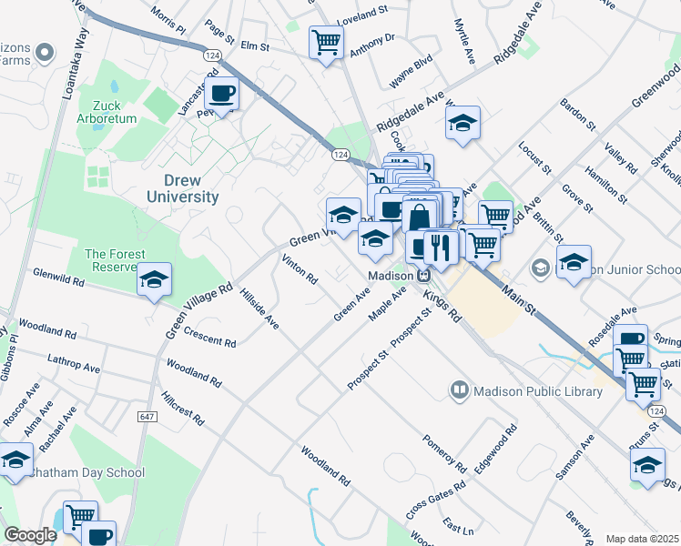 map of restaurants, bars, coffee shops, grocery stores, and more near 38 Vinton Road in Madison