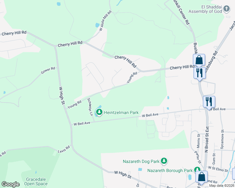 map of restaurants, bars, coffee shops, grocery stores, and more near 213-217 Young Road in Nazareth