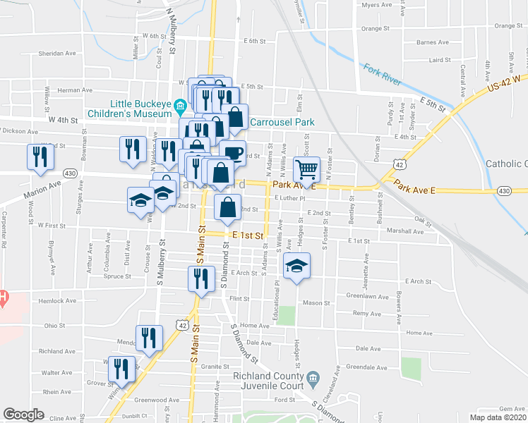 map of restaurants, bars, coffee shops, grocery stores, and more near 71 South Adams Street in Mansfield