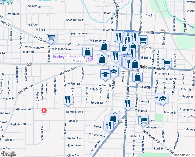 map of restaurants, bars, coffee shops, grocery stores, and more near 150 West First Street in Mansfield