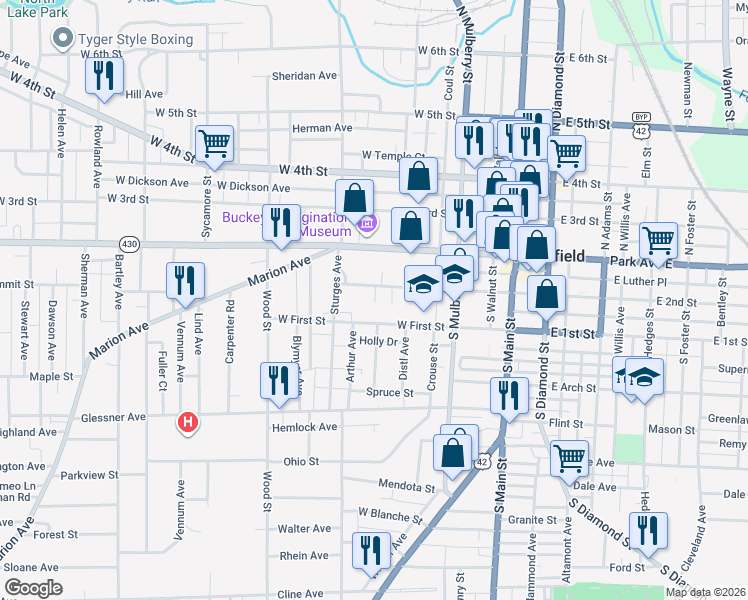map of restaurants, bars, coffee shops, grocery stores, and more near 150 West First Street in Mansfield