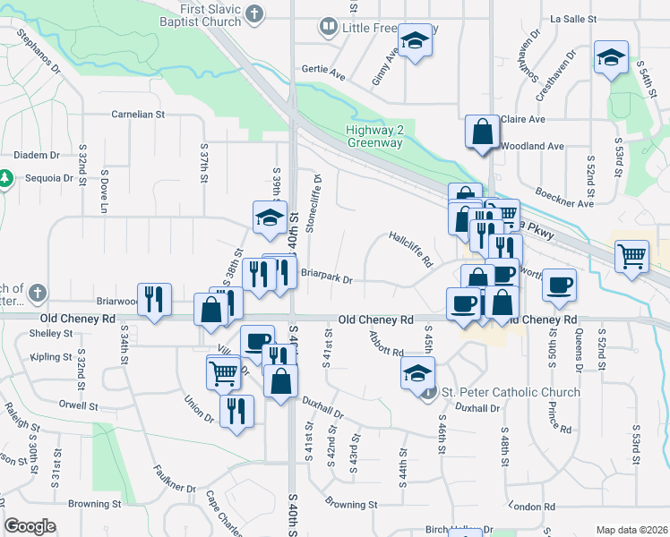 map of restaurants, bars, coffee shops, grocery stores, and more near 5612 South 42nd Street Court in Lincoln
