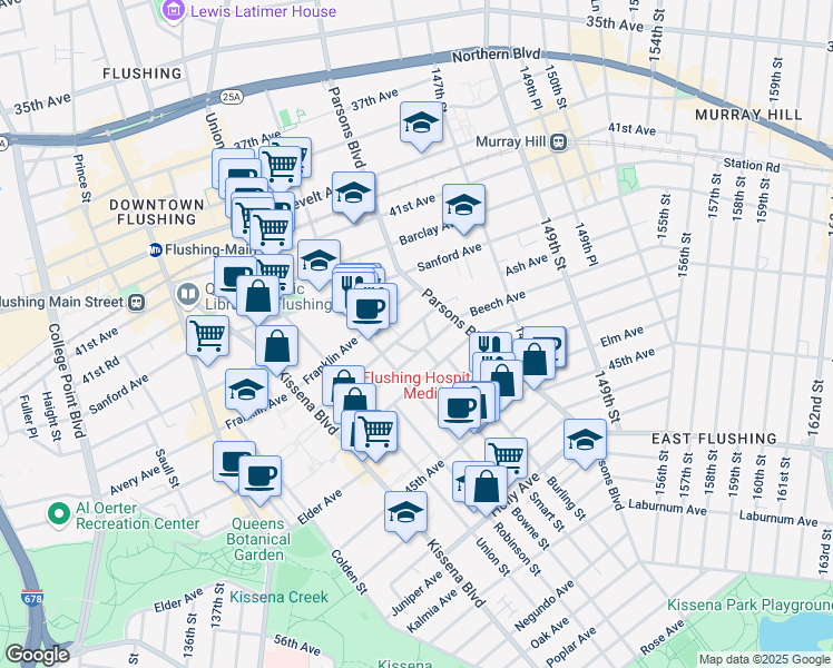 map of restaurants, bars, coffee shops, grocery stores, and more near 143-40 Ash Avenue in Queens