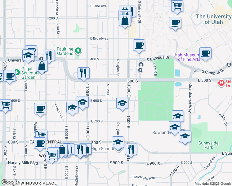 map of restaurants, bars, coffee shops, grocery stores, and more near 554 Douglas Street in Salt Lake City