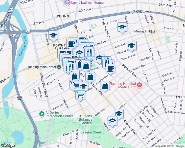 map of restaurants, bars, coffee shops, grocery stores, and more near 42-45 Kissena Boulevard in Queens