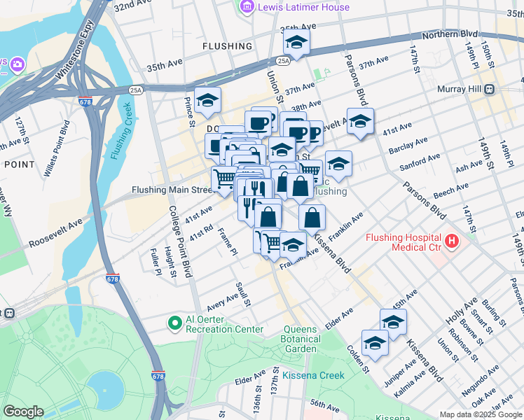 map of restaurants, bars, coffee shops, grocery stores, and more near 4165 Main Street in Queens