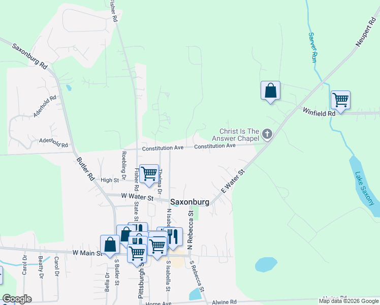 map of restaurants, bars, coffee shops, grocery stores, and more near R East Water Street in Saxonburg