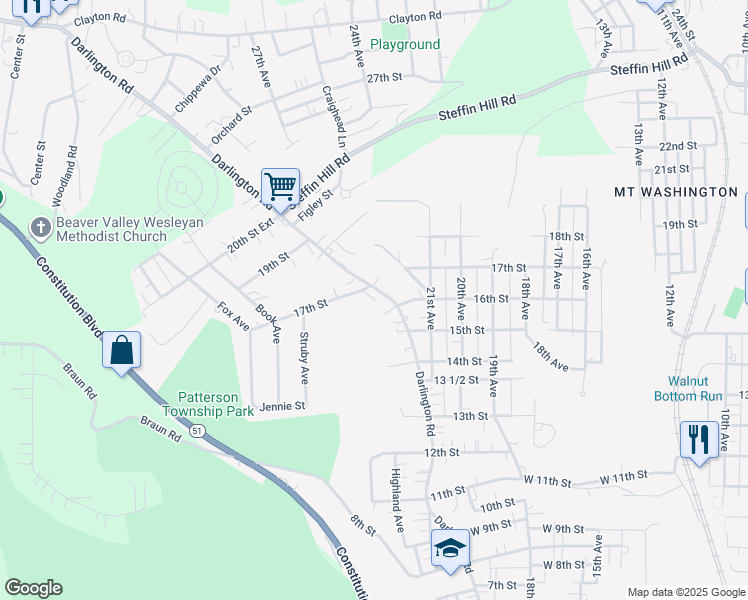 map of restaurants, bars, coffee shops, grocery stores, and more near 1627 Darlington Road in Beaver Falls