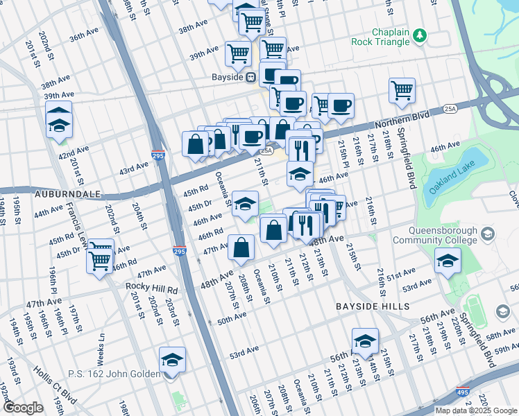 map of restaurants, bars, coffee shops, grocery stores, and more near 209-57A 46th Avenue in Queens