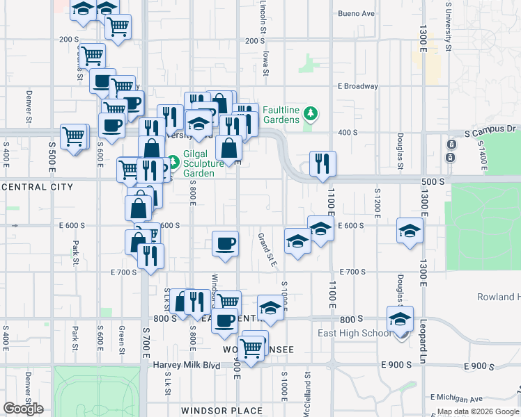map of restaurants, bars, coffee shops, grocery stores, and more near 543 South 900 East in Salt Lake City
