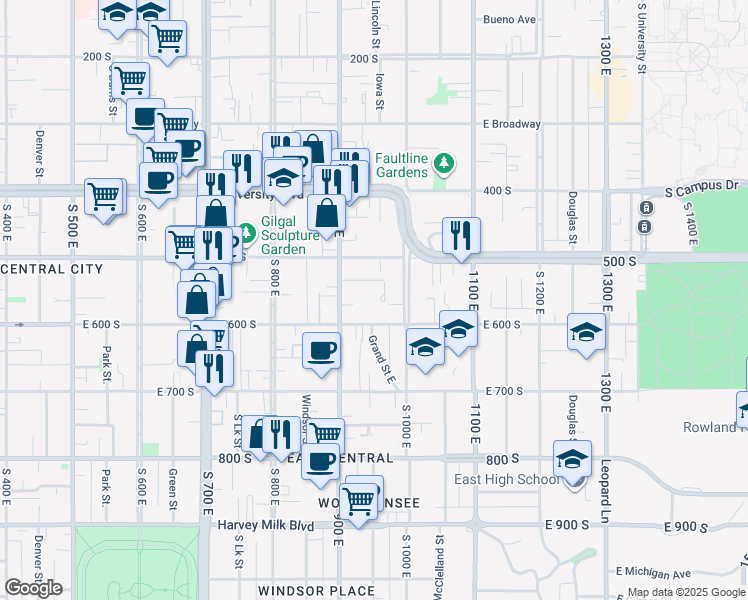 map of restaurants, bars, coffee shops, grocery stores, and more near 543 South 900 East in Salt Lake City