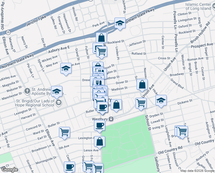 map of restaurants, bars, coffee shops, grocery stores, and more near 235 Lincoln Place in Westbury
