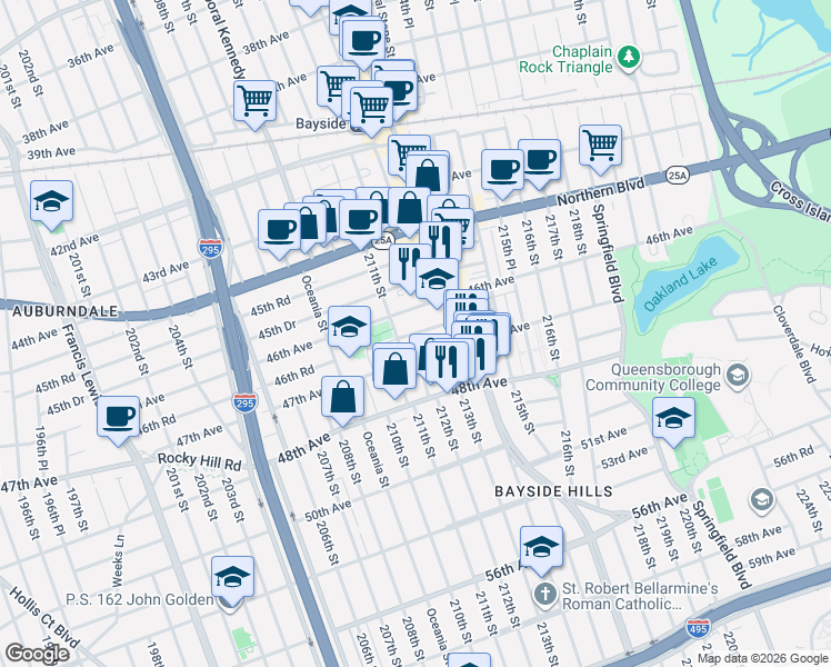 map of restaurants, bars, coffee shops, grocery stores, and more near 211-21 47th Avenue in Queens