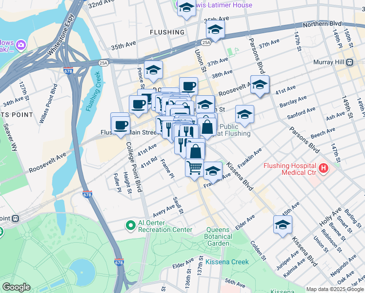 map of restaurants, bars, coffee shops, grocery stores, and more near 136-31 41st Avenue in Queens
