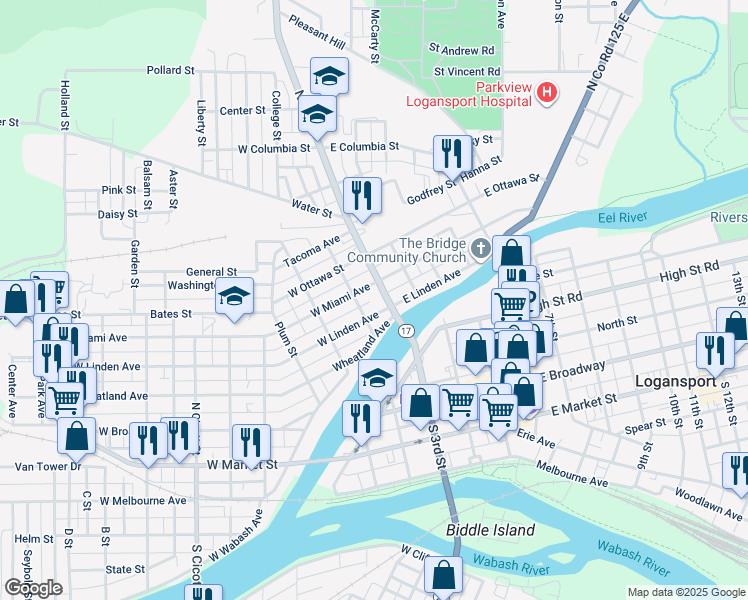 map of restaurants, bars, coffee shops, grocery stores, and more near 701 Vandalia Street in Logansport
