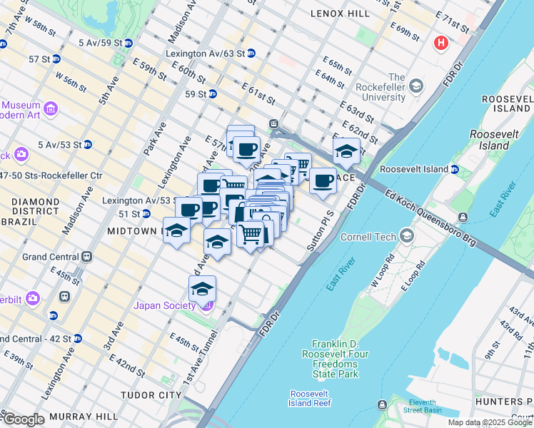 map of restaurants, bars, coffee shops, grocery stores, and more near 344 East 55th Street in New York