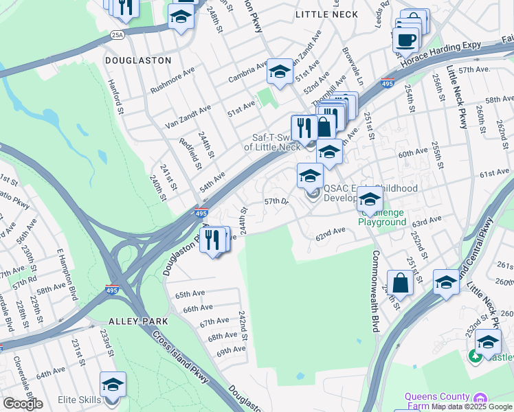 map of restaurants, bars, coffee shops, grocery stores, and more near 244-24 57th Drive in Queens