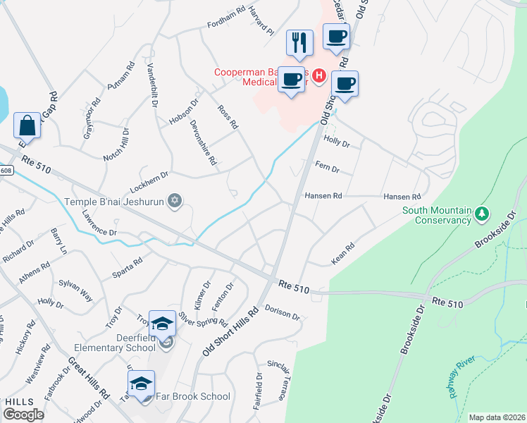 map of restaurants, bars, coffee shops, grocery stores, and more near 10 Andover Drive in Essex County