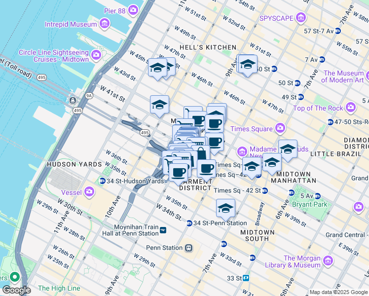 map of restaurants, bars, coffee shops, grocery stores, and more near 510 9th Avenue in New York