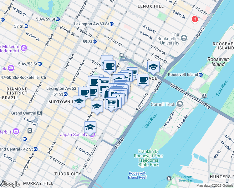 map of restaurants, bars, coffee shops, grocery stores, and more near 340 East 55th Street in New York