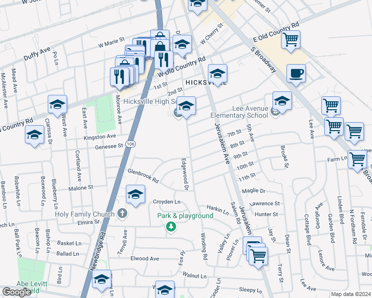 map of restaurants, bars, coffee shops, grocery stores, and more near 206 Division Avenue in Hicksville