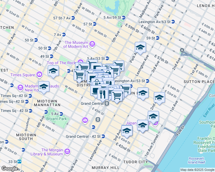 map of restaurants, bars, coffee shops, grocery stores, and more near 437 Madison Avenue in New York