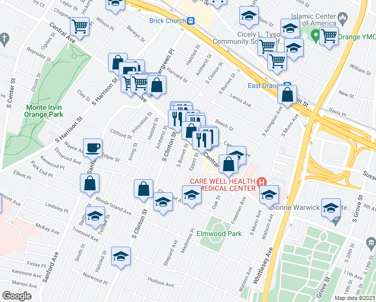map of restaurants, bars, coffee shops, grocery stores, and more near 242 South Burnet Street in East Orange