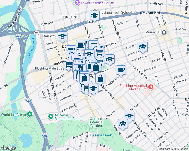 map of restaurants, bars, coffee shops, grocery stores, and more near 140-08 Sanford Avenue in Queens