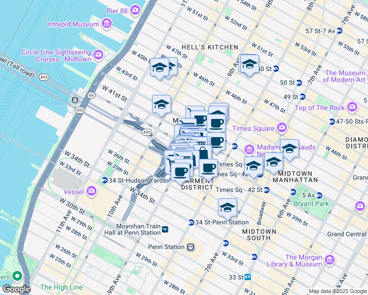 map of restaurants, bars, coffee shops, grocery stores, and more near 510 9th Avenue in New York
