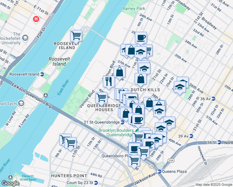 map of restaurants, bars, coffee shops, grocery stores, and more near 12-07 40th Avenue in Queens