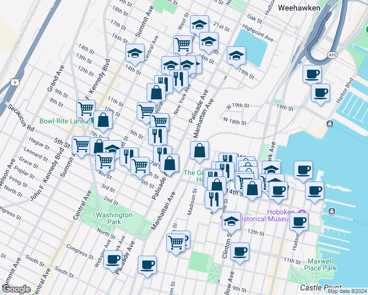 map of restaurants, bars, coffee shops, grocery stores, and more near 912 Palisade Avenue in Union City