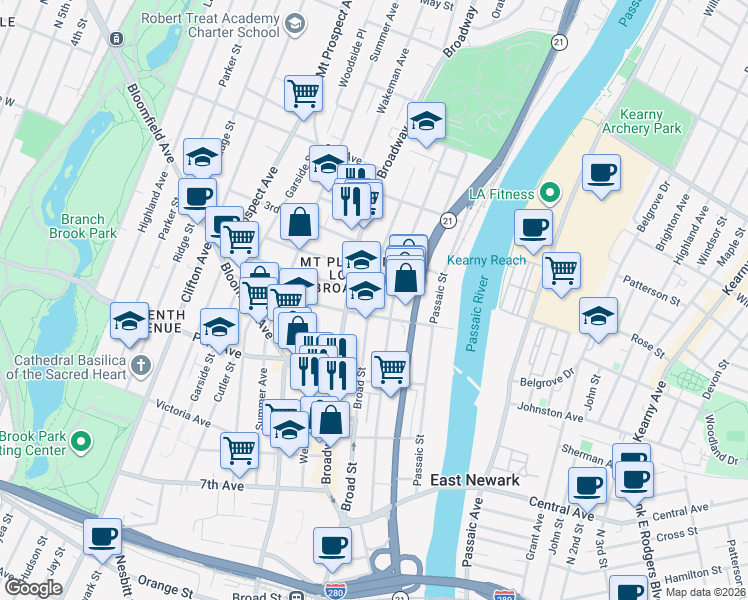 map of restaurants, bars, coffee shops, grocery stores, and more near 169 Broad Street in Newark