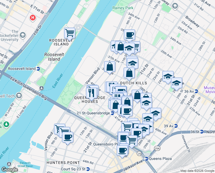 map of restaurants, bars, coffee shops, grocery stores, and more near 12-07 40th Avenue in Queens