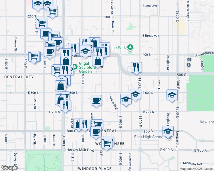 map of restaurants, bars, coffee shops, grocery stores, and more near 933 East 600 South in Salt Lake City