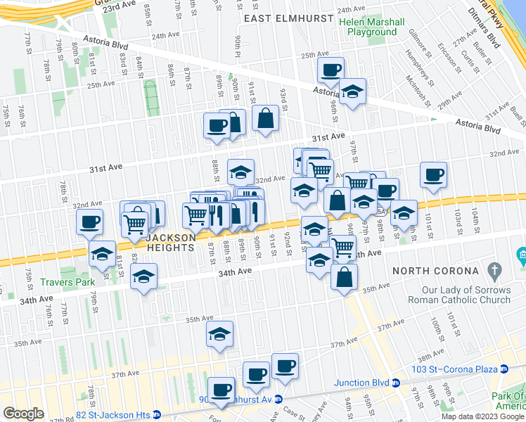map of restaurants, bars, coffee shops, grocery stores, and more near 32-40 91st Street in Queens
