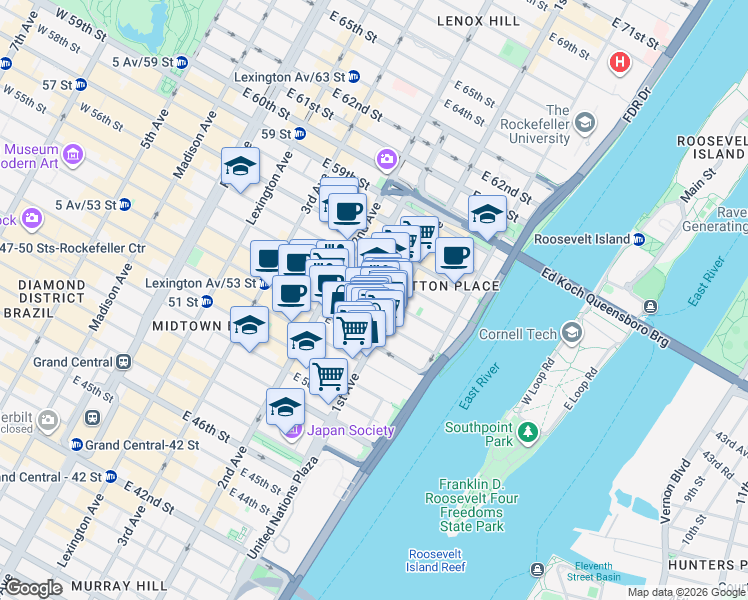 map of restaurants, bars, coffee shops, grocery stores, and more near 342 East 55th Street in New York