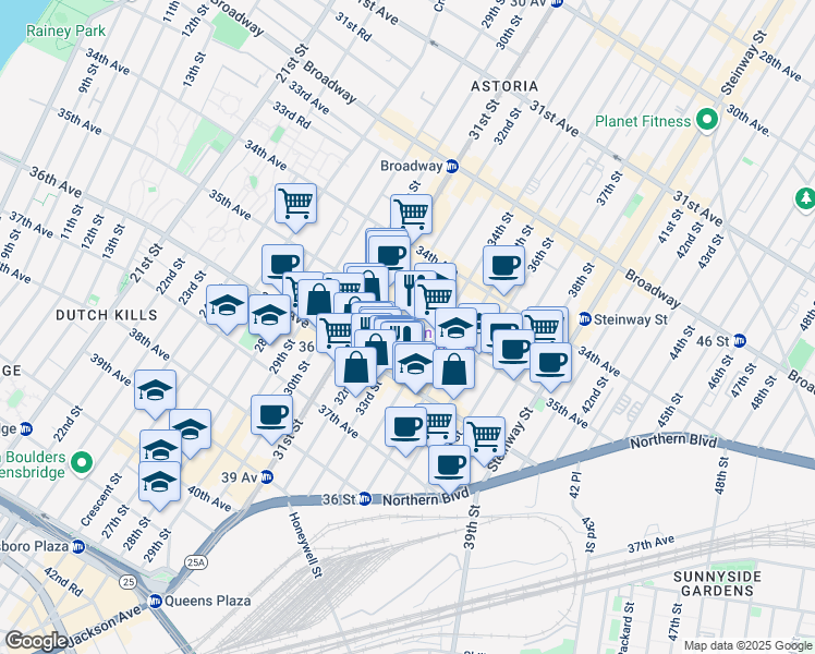 map of restaurants, bars, coffee shops, grocery stores, and more near 35-08 33rd Street in Queens
