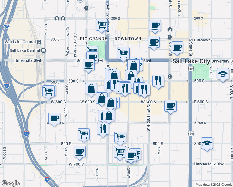 map of restaurants, bars, coffee shops, grocery stores, and more near 248 West 600 South in Salt Lake City