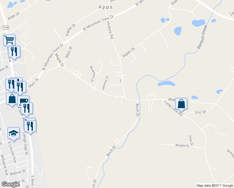 map of restaurants, bars, coffee shops, grocery stores, and more near 4750 Maple Drive in Walnutport