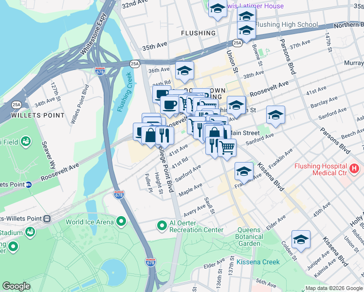 map of restaurants, bars, coffee shops, grocery stores, and more near 13261 41st Road in Queens